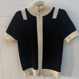 Black and Cream Short Sleeve Zip-Up Sweater